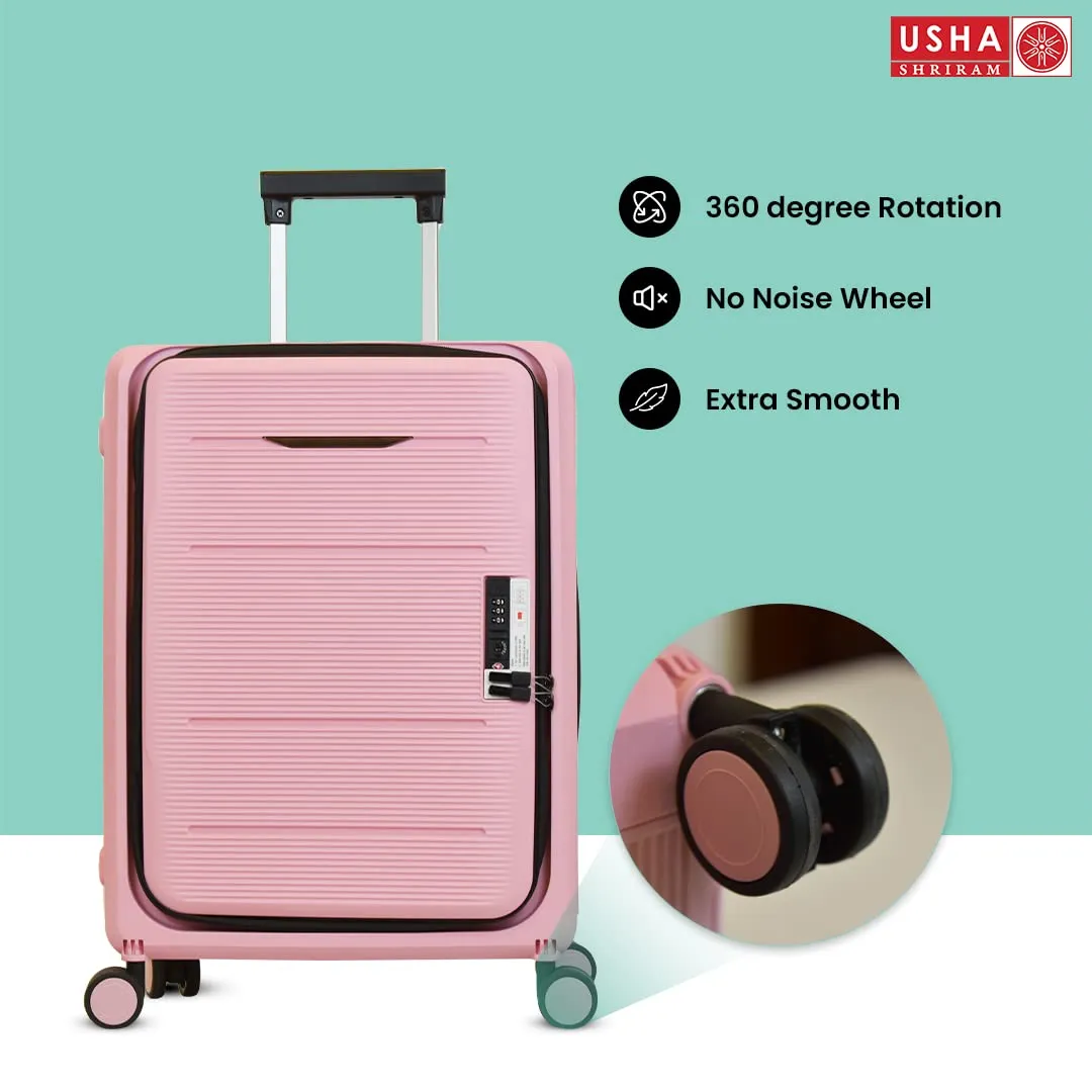 USHA SHRIRAM Polyester Hard Shell Check-In Bag (24 Inch - 65Cm) Collapsible Luggage Bag Rose Pink Suitcase For Travel 360 Degree Spinner Wheel & Lock Foldable Trolley Bag For Travel