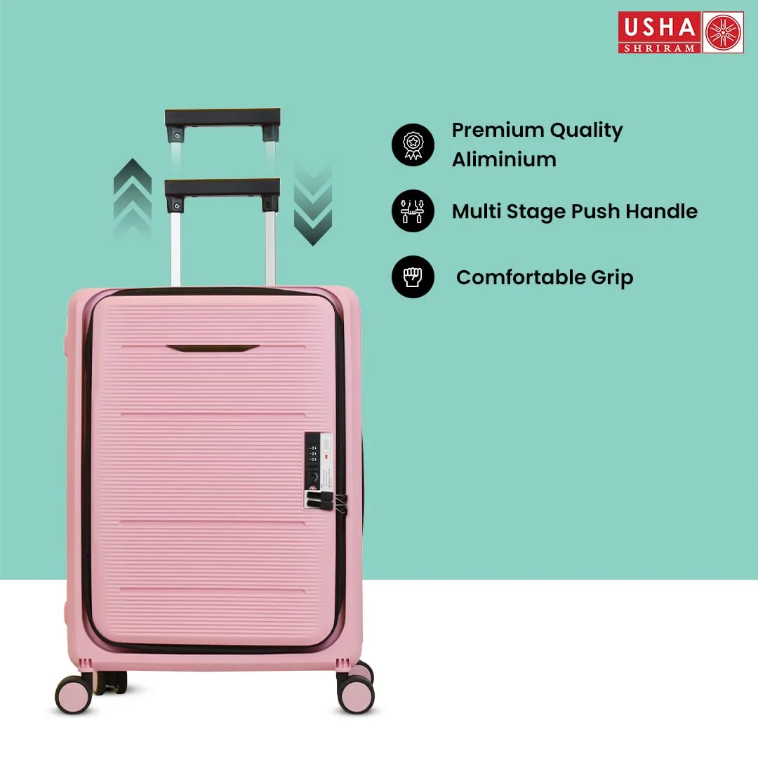 USHA SHRIRAM Polyester Hard Shell Check-In Bag (24 Inch - 65Cm) Collapsible Luggage Bag Rose Pink Suitcase For Travel 360 Degree Spinner Wheel & Lock Foldable Trolley Bag For Travel