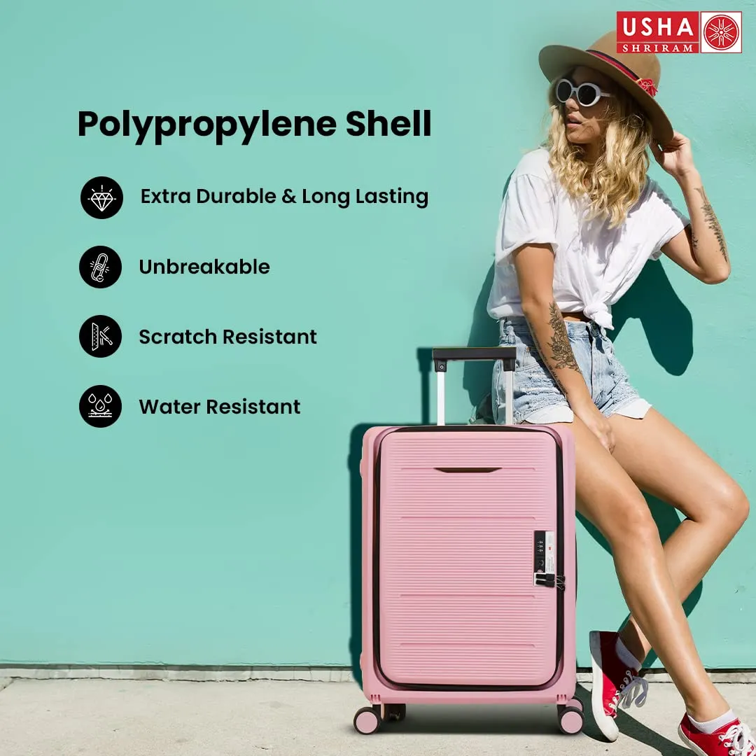 USHA SHRIRAM Polyester Hard Shell Check-In Bag (24 Inch - 65Cm) Collapsible Luggage Bag Rose Pink Suitcase For Travel 360 Degree Spinner Wheel & Lock Foldable Trolley Bag For Travel