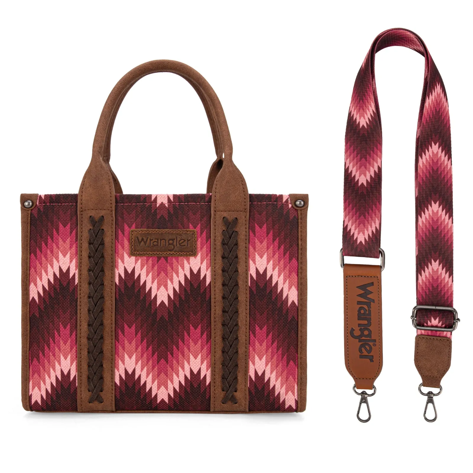 WG2211-8120S  Wrangler Southwestern Pattern Dual Sided Print Tote/Crossbody - DARK PINK