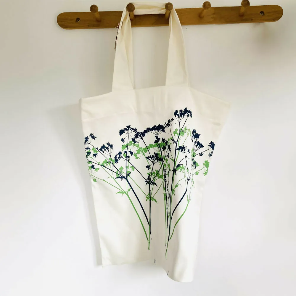 White Market Bag - Cow Parsley design - Hand Printed