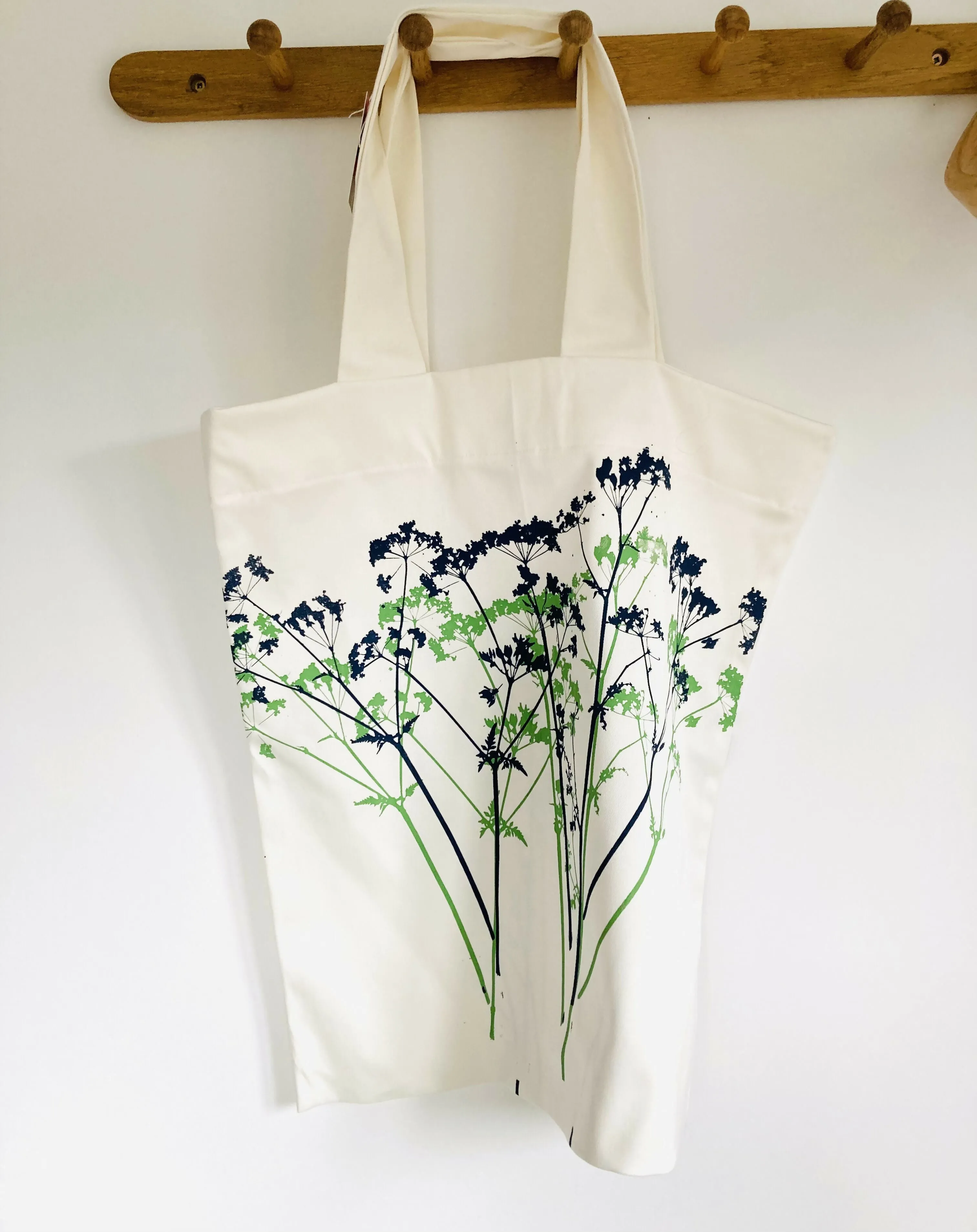 White Market Bag - Cow Parsley design - Hand Printed