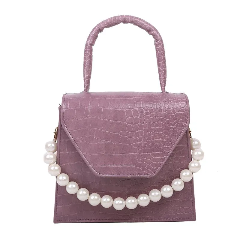 White Pearl Chain Crocodile Pattern Square Bag