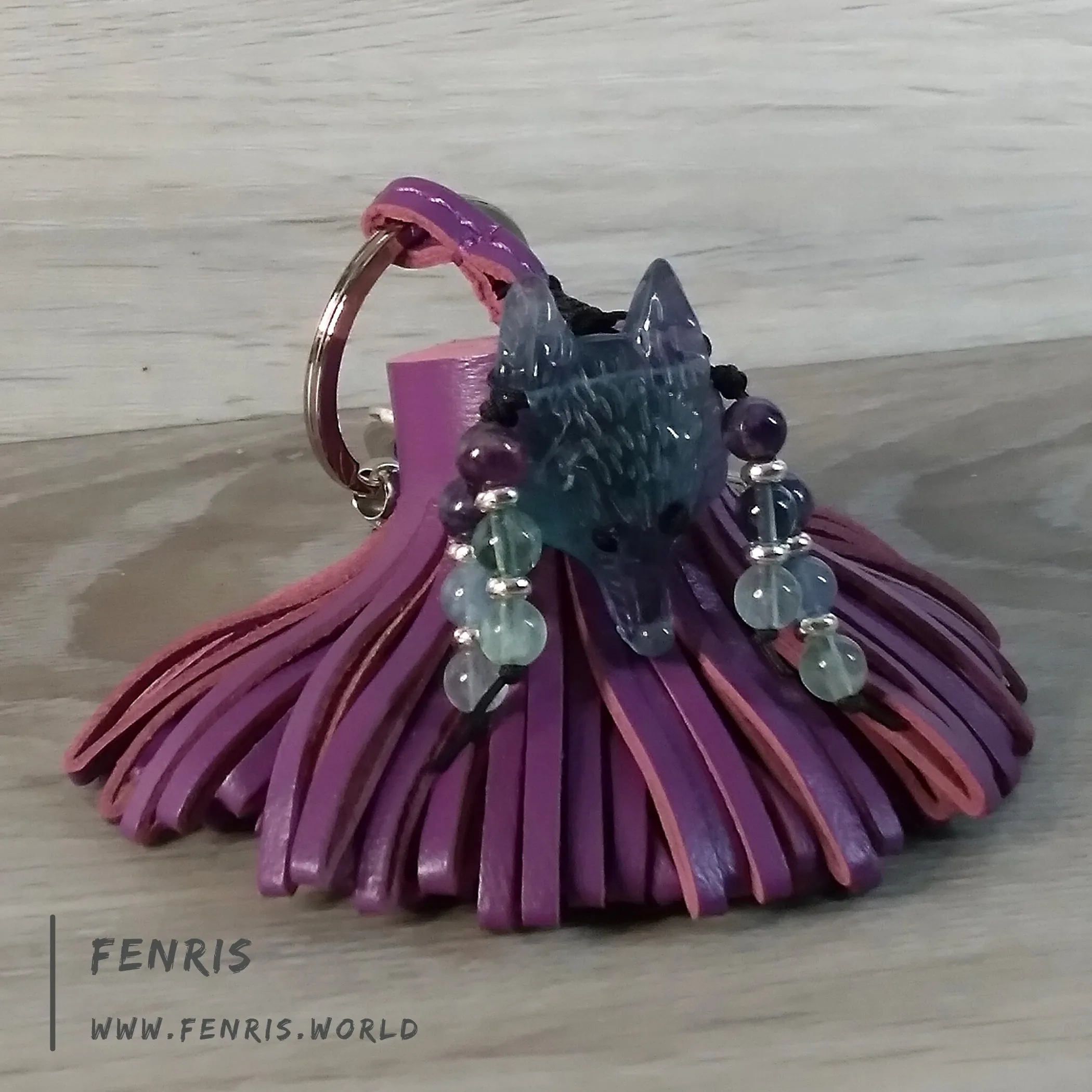 Wolf Keychain Leather Tassel Purple Fluorite Handmade