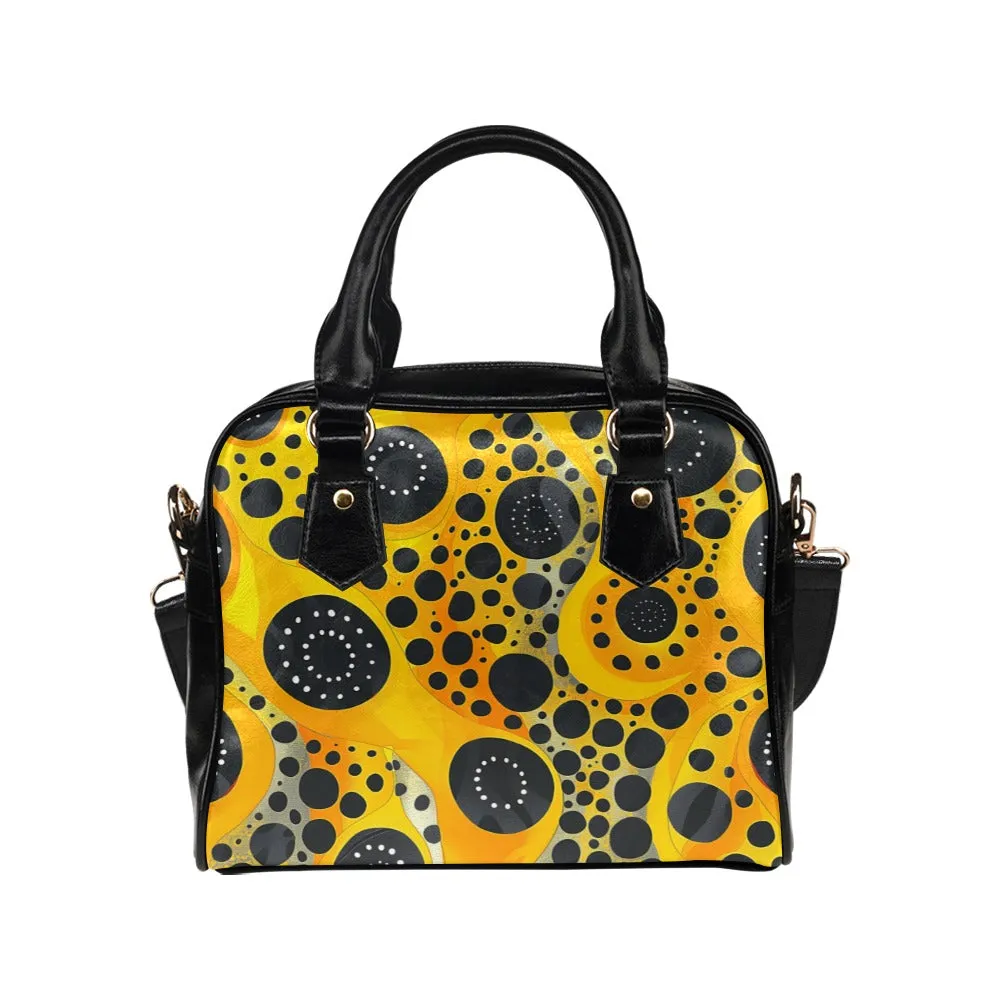 Yellow Dots Purse, Abstract Art Black Retro Pattern Cute Small Shoulder Zip Bag Vegan Leather Women Designer Handbag Crossbody Ladies