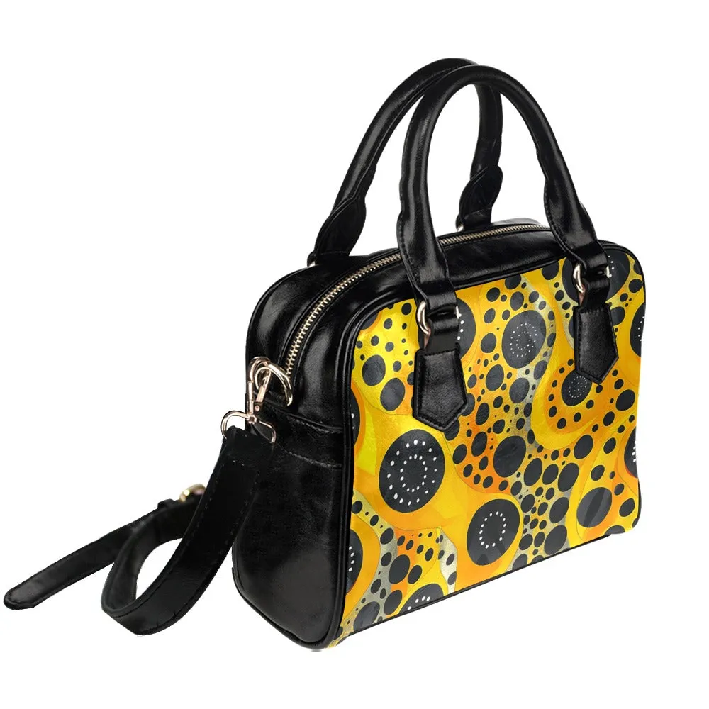 Yellow Dots Purse, Abstract Art Black Retro Pattern Cute Small Shoulder Zip Bag Vegan Leather Women Designer Handbag Crossbody Ladies