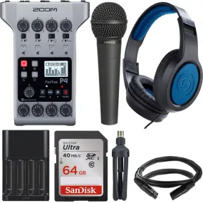 Zoom PodTrak P4 Portable Multitrack Podcast Recorder   Behringer XM8500 Mic   2x Samson SR350 Headphone Accessory Kit